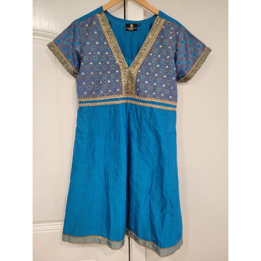 Kaneesha Blue Beaded Kurti Indian (Sz 44) Dress Top Tunic L/XL Wedding Bollywood